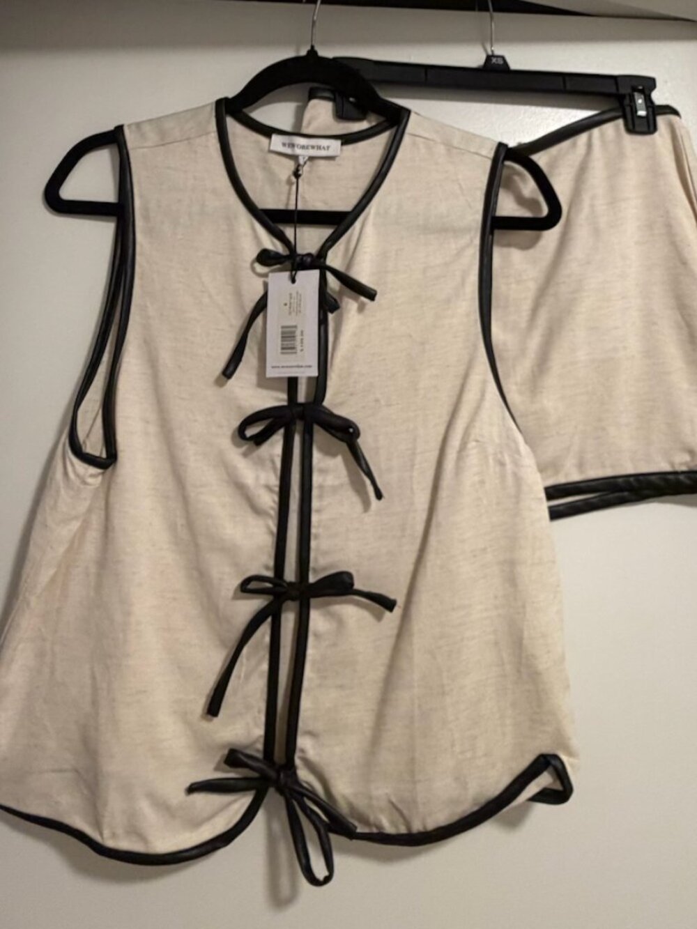 WeWoreWhat Tie-Front Vest & Leather-Trim Mini Skirt Set - Natural/Black, NWT, Si